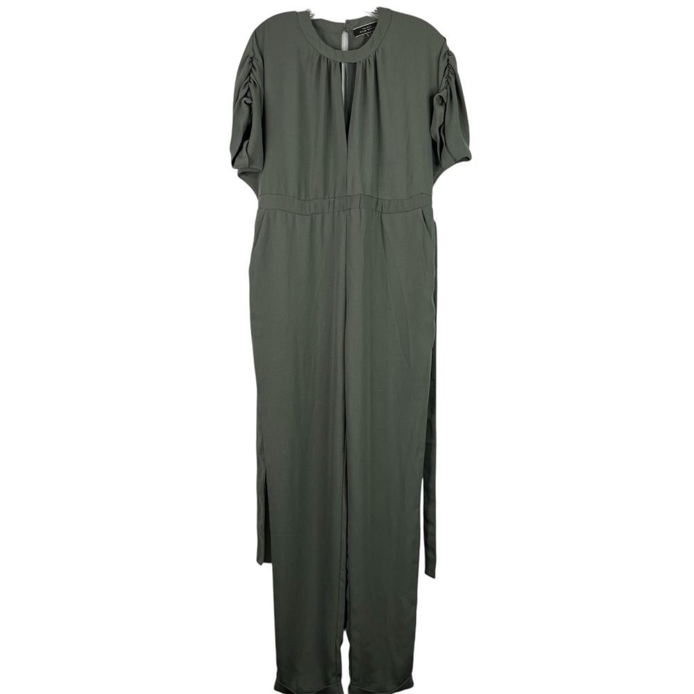 Blue Blush Jumpsuit Women’s M Green Ruched Short Cuffed Sleeve Hem Tie Belt